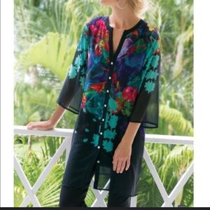 Soft Surroundings Top Blouse Sheer Floral Colorful Artsy
